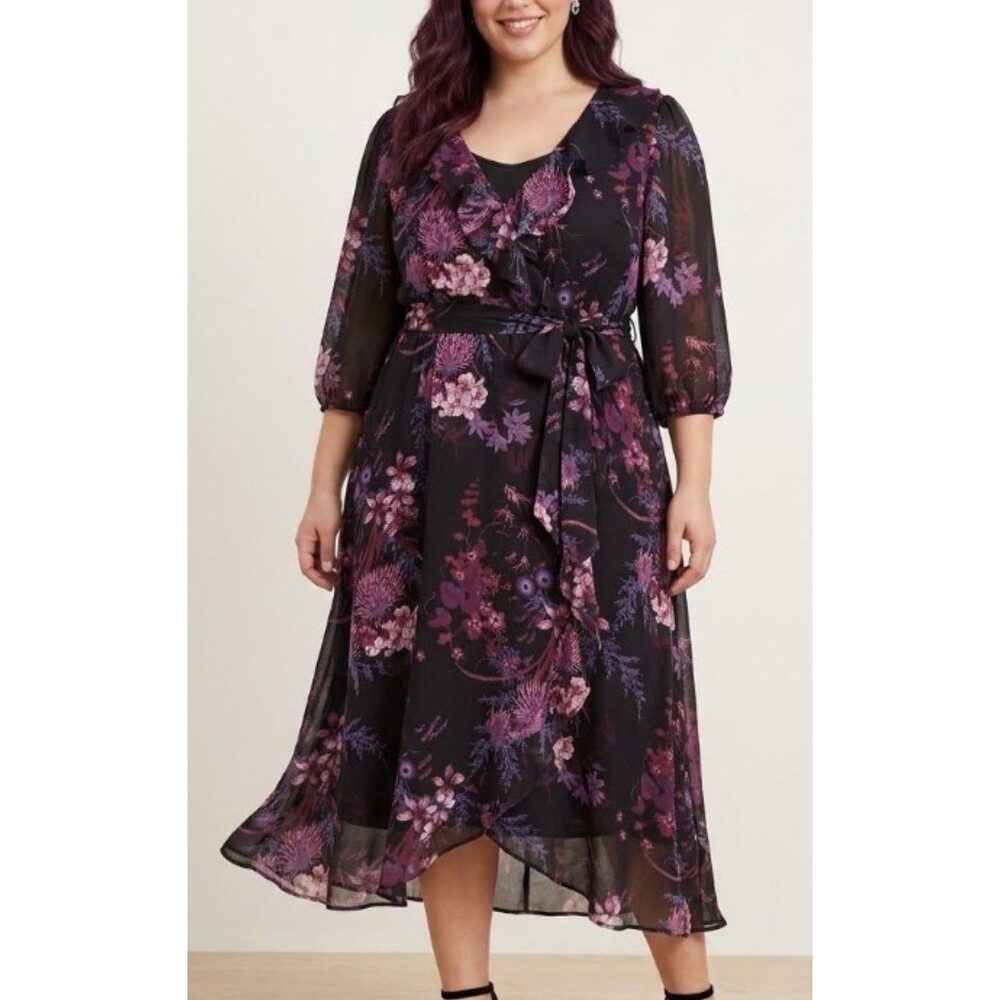 Lane Bryant Black Floral Dress Faux Wrap Dress Size 24